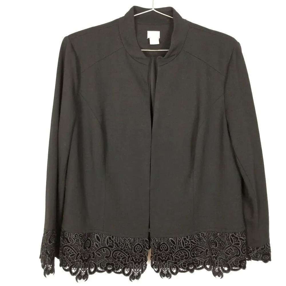 Chicos Women Lace Trim Peplum Jacket‎ Size XL Black Preppy Office